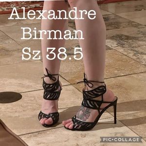 Alexandre Birman Sz 38.5 Black Leather Laser Cut Ankle Tie Heels.